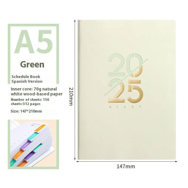 A5 2025 daily planner with soft faux leather cover in blue, green, pink, purple, or yellow.