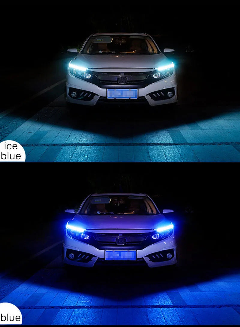 Flexible silicone LED car light strip for daytime running and turn signals, showing wiring connections.