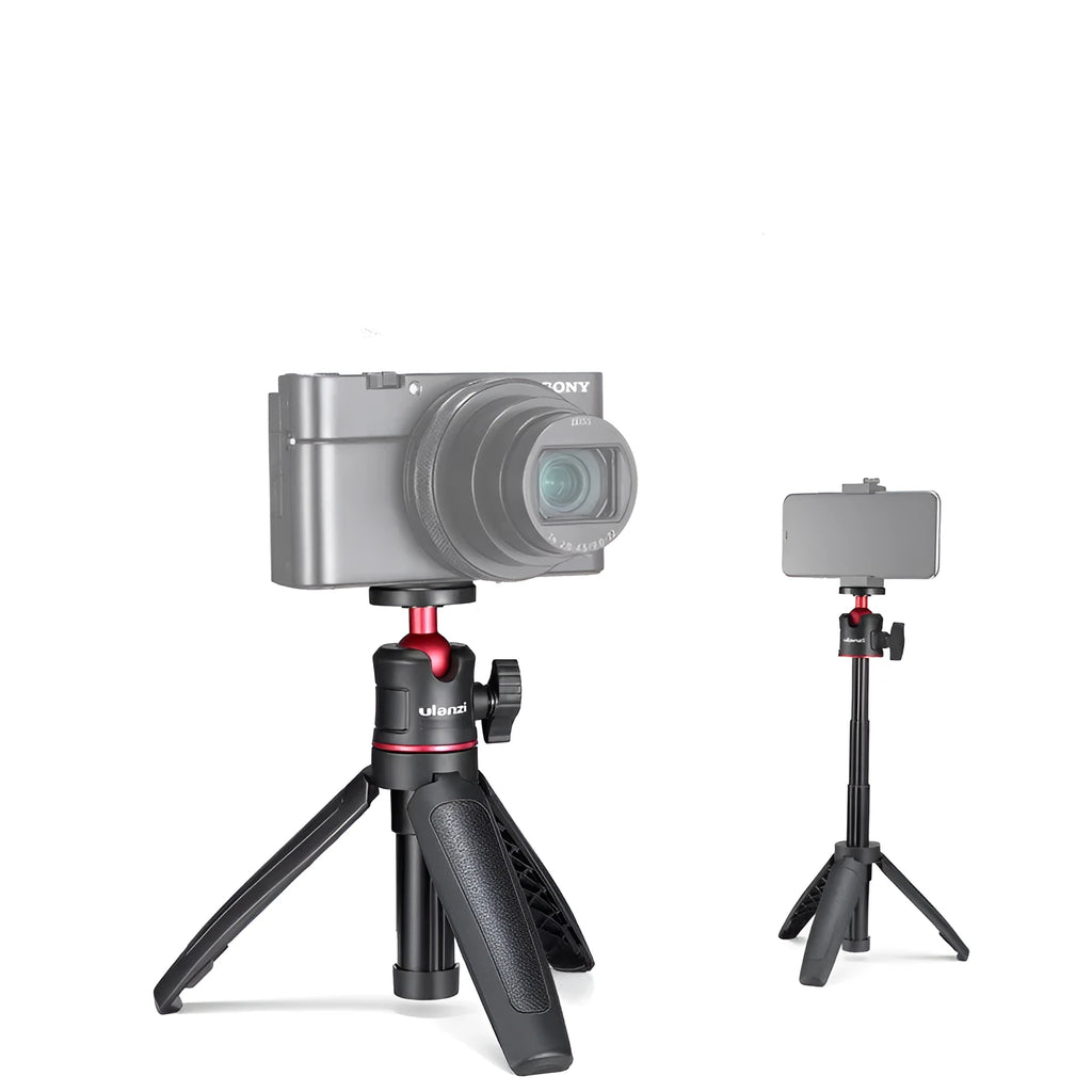 Compact aluminium desktop tripod for Apple iPhone and DJI sports cameras in black red colour