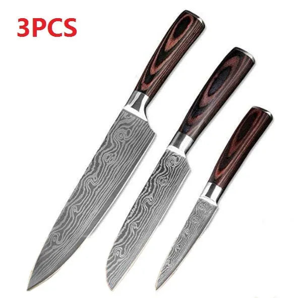 7Cr17 stainless steel kitchen knife with laser Damascus pattern on blade and colour wood handle