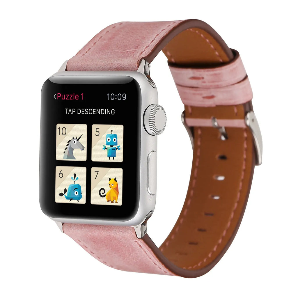 Genuine leather watch strap with folding buckle in blue, shown in 38mm width.