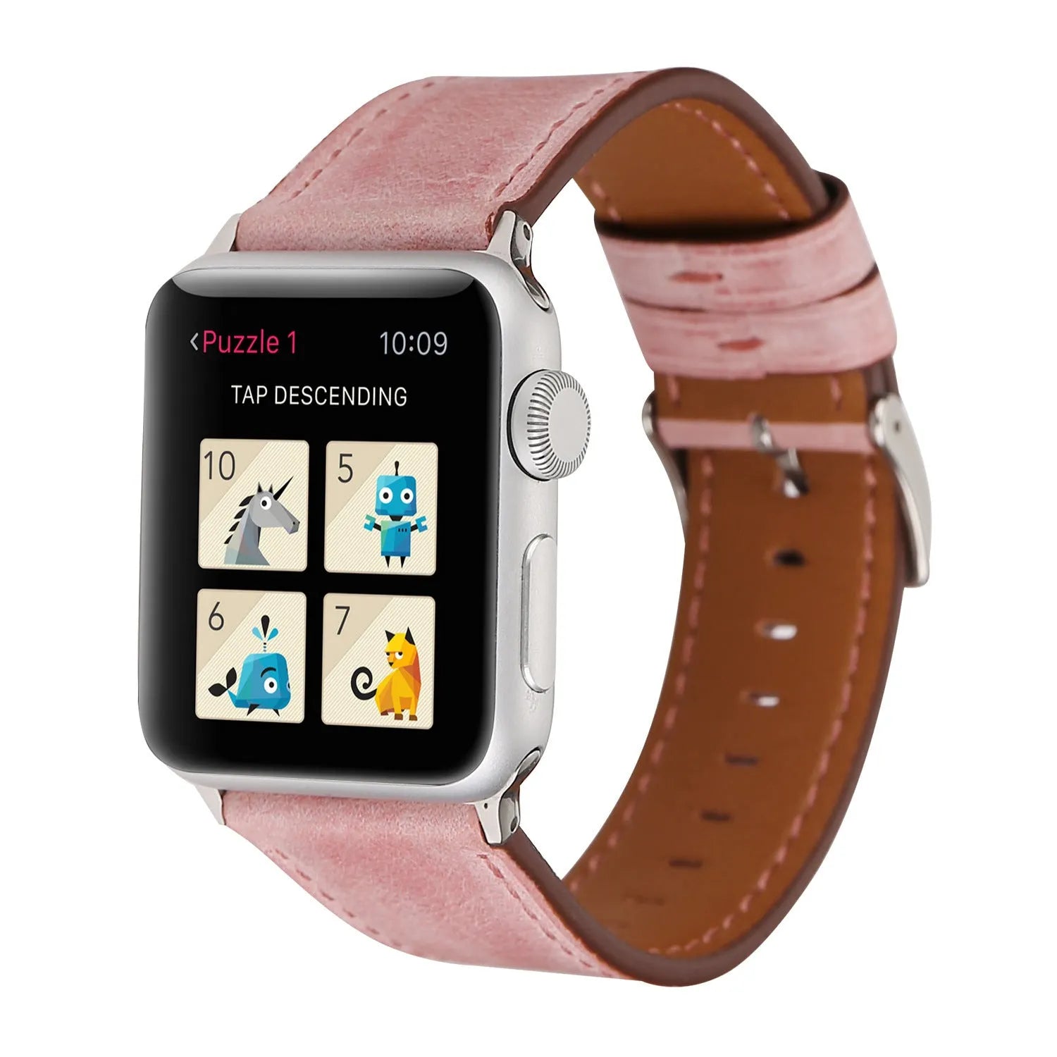 Genuine leather watch strap with folding buckle in blue, shown in 38mm width.