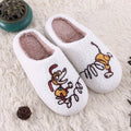 White cartoon pattern fluffy slippers with a plush upper and a non-slip rubber sole.