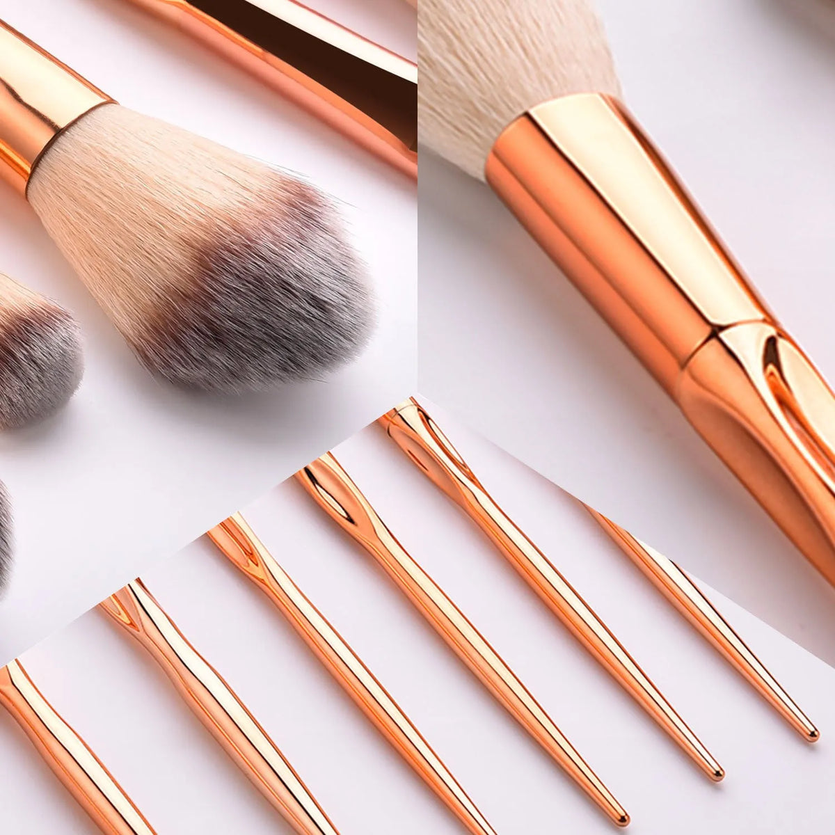 8-piece makeup brush set with nylon bristles, rose gold heart type handles, 22cm long, gold colour