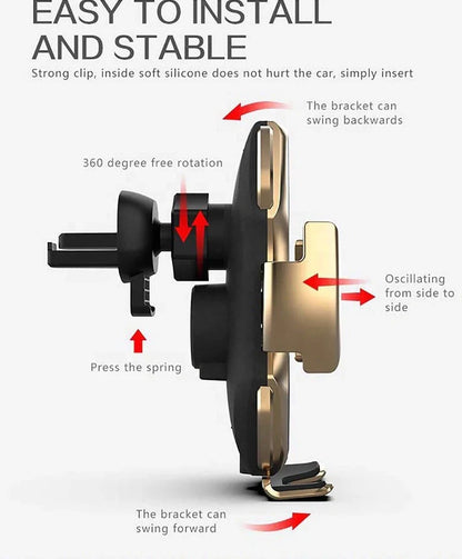10W wireless car phone charger mounted on car air vent with LED indicator showing charging status