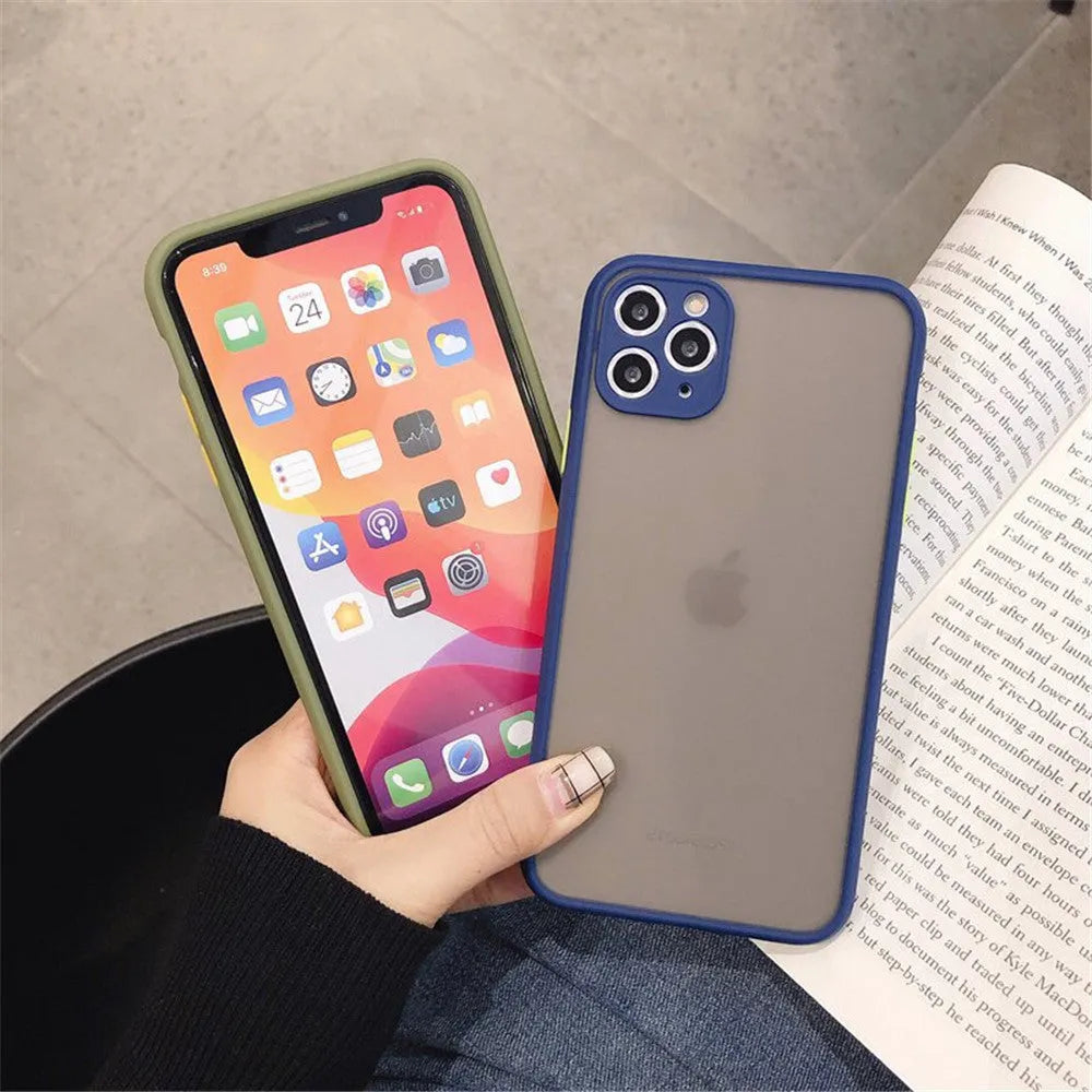 Solid colour silicone shockproof iPhone case with transparent design showing TPU frame and PC back panel