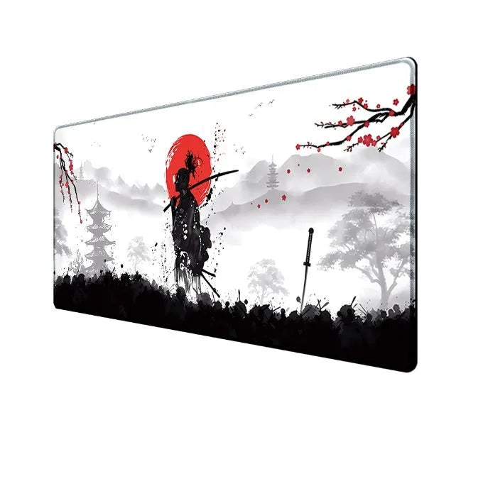 Japanese Samurai design cloth gaming mouse pad on a desk, showing non-slip base and thermal transfer print.
