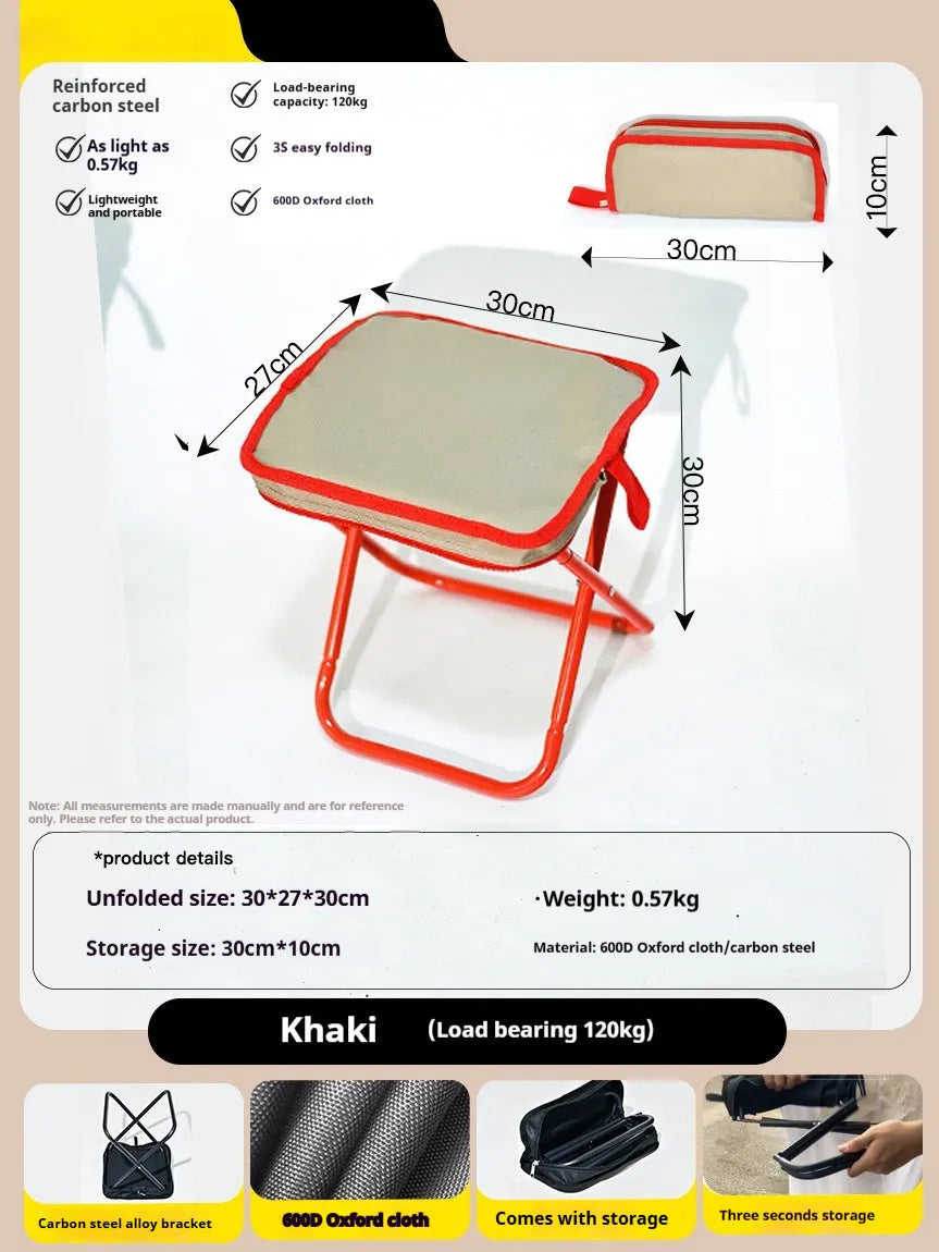 Lightweight foldable camp chair stool in oxford cloth shown in khaki colour, folded compactly.
