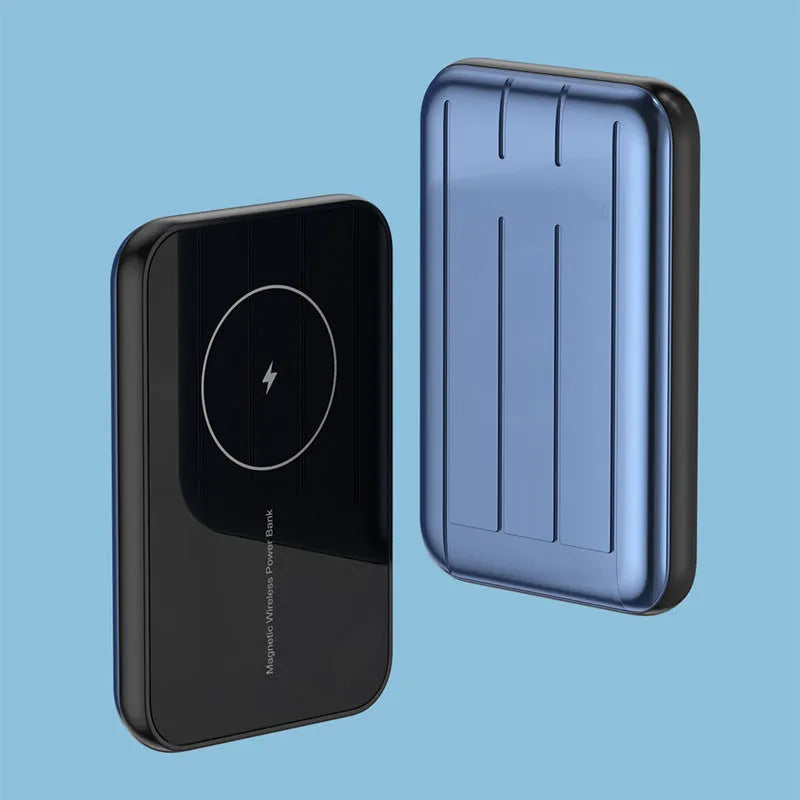 Blue 15W magnetic wireless power bank for iPhone showing front and side views.