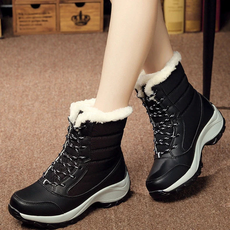 Women's velvet high-top snow boots with wedge heel and artificial hair lining in winter setting
