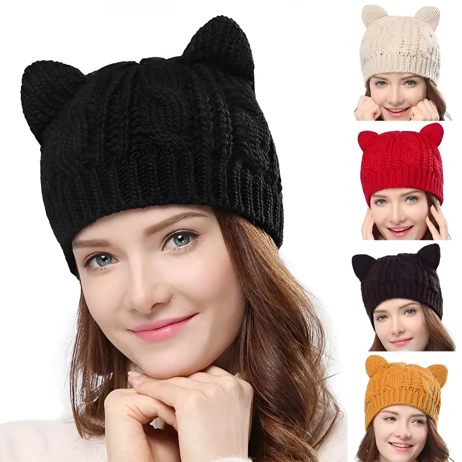 Hand made knitted cat ear beanie in wool showing 3D design and colour options