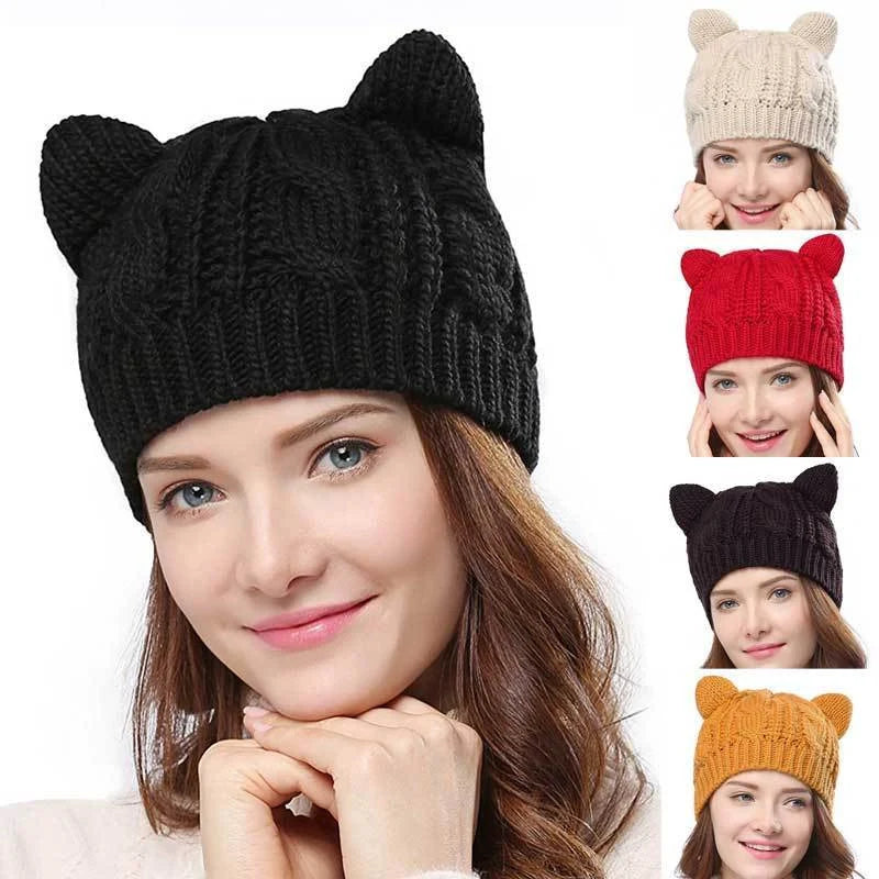 Handcrafted 3D knitted cat ear beanie in various colours for winter warmth
