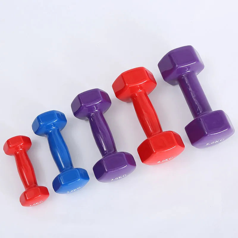Bright colour plastic-coated fitness dumbbells for home workouts with floor protection