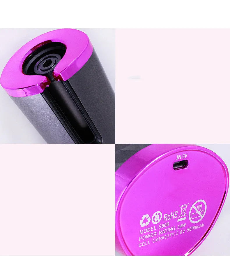 Cordless automatic hair curling iron with LCD display in pink, black, white, or pink-grey colour.
