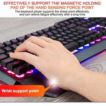 Black wired gaming keyboard with RGB backlight, 45.5 cm size, phone slot, and USB cable on desk