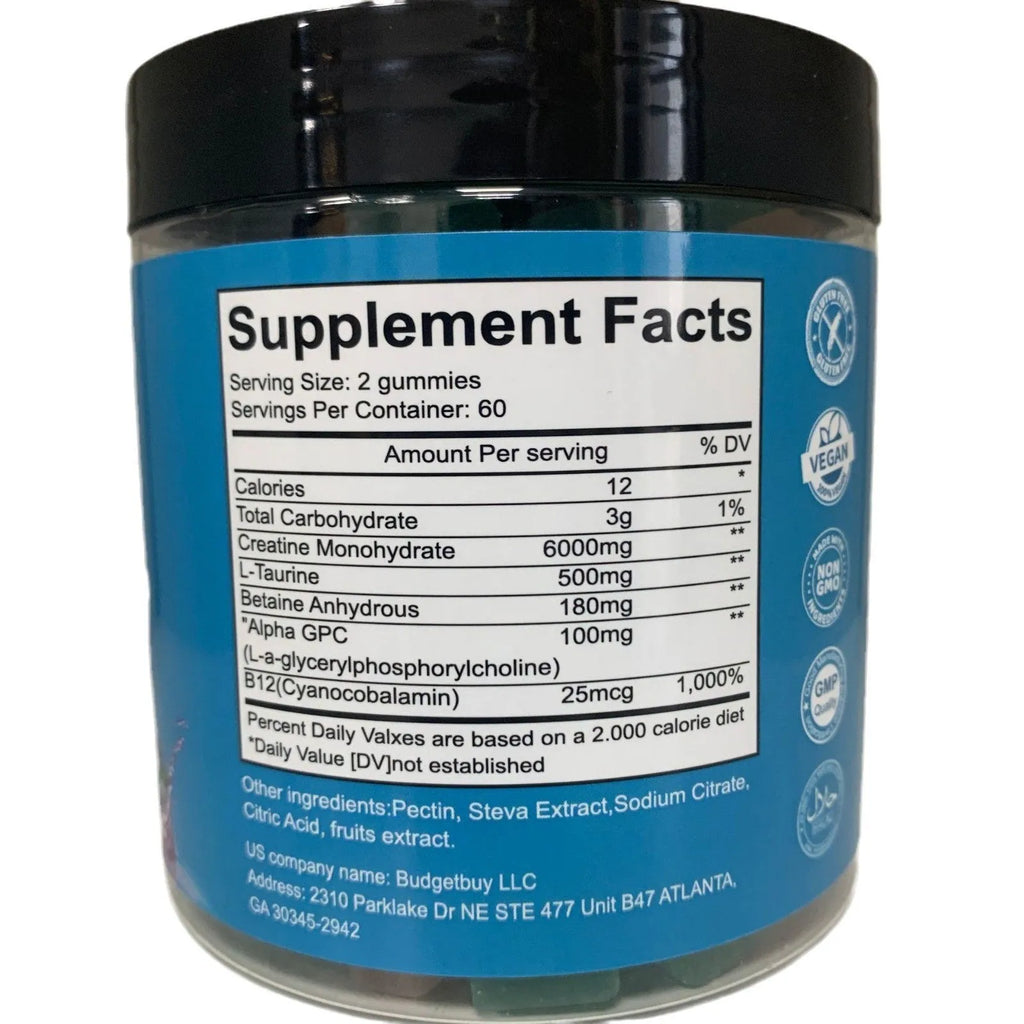 Bottle of raspberry flavoured creatine monohydrate gummy supplements containing 120 tablets