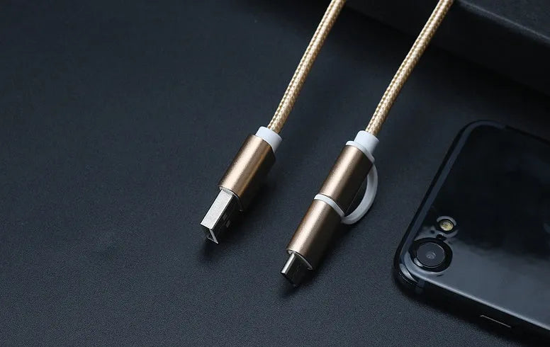 Black 2-in-1 USB Type C Micro USB braided fast charging data cable 1 metre aluminium alloy connectors