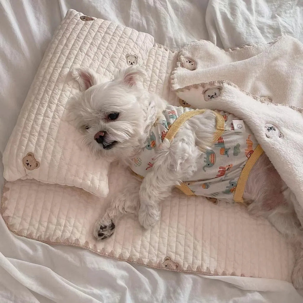 Square removable washable dog bed set with pillow, mattress, and comforter in simple bear design.