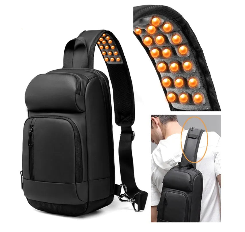 Black PVC outdoor shoulder bag with air cushion strap and internal organisation pockets