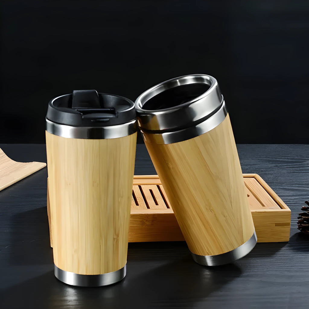 Bamboo coffee cup with double wall insulation, leak-proof lid, and anti-slip foam pad base