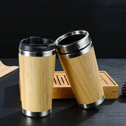 Bamboo Coffee Cup with thermal insulating double wall and leak-proof lid