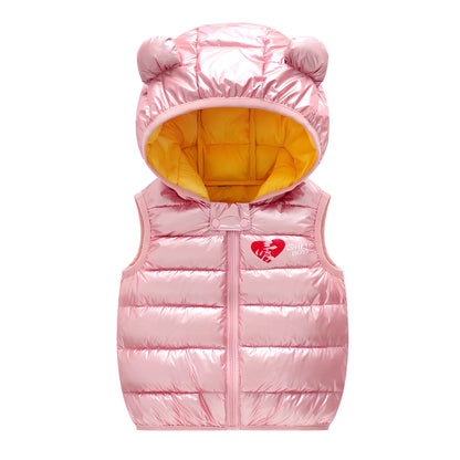 Children's blue hooded down vest, sleeveless with 70cm bust for 100cm height, polyester winter outerwear