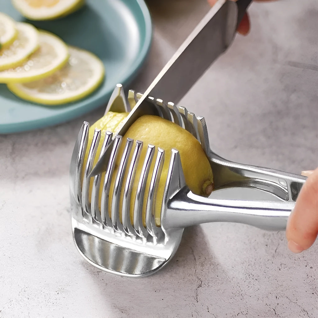 Silver foldable lemon slicer kitchen tool with stainless steel cutting blades