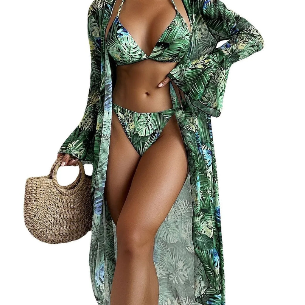 Three-piece split bikini cover beach swimsuit set in printed polyester with spandex lining, available in green flower and blue pattern