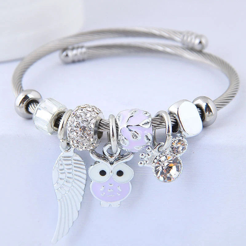 DIY Beaded Owl Angel Wings Pendant Stainless Steel Bracelet with rhinestone accents