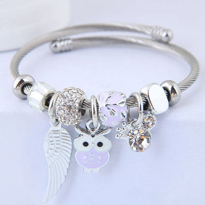 DIY Beaded Owl Angel Wings Pendant Stainless Steel Bracelet with rhinestone accents