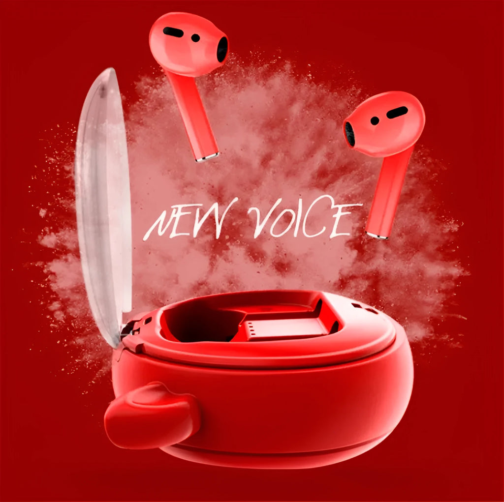 Red true wireless Bluetooth headset with in-ear design showing dimensions 72x67x31.5mm