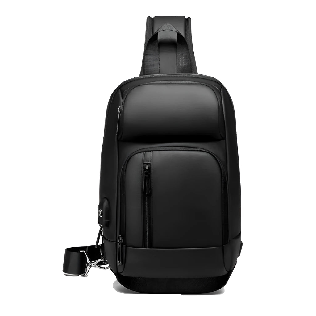 Black PVC outdoor shoulder bag with air cushion strap and internal organisation pockets