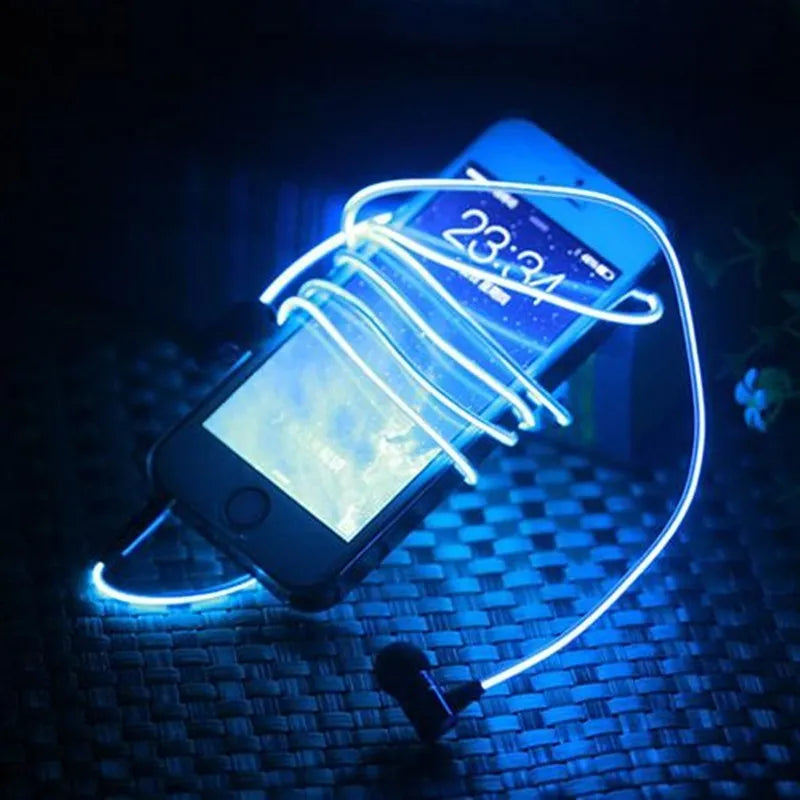 Blue Magic Light LED earphones with illuminated shells and a 3.5mm plug, showing the inline remote control.