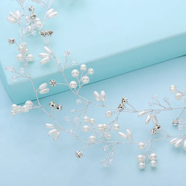 A gold crystal pearl hair band for long hair made of copper and iron wire, shown at 100cm length.