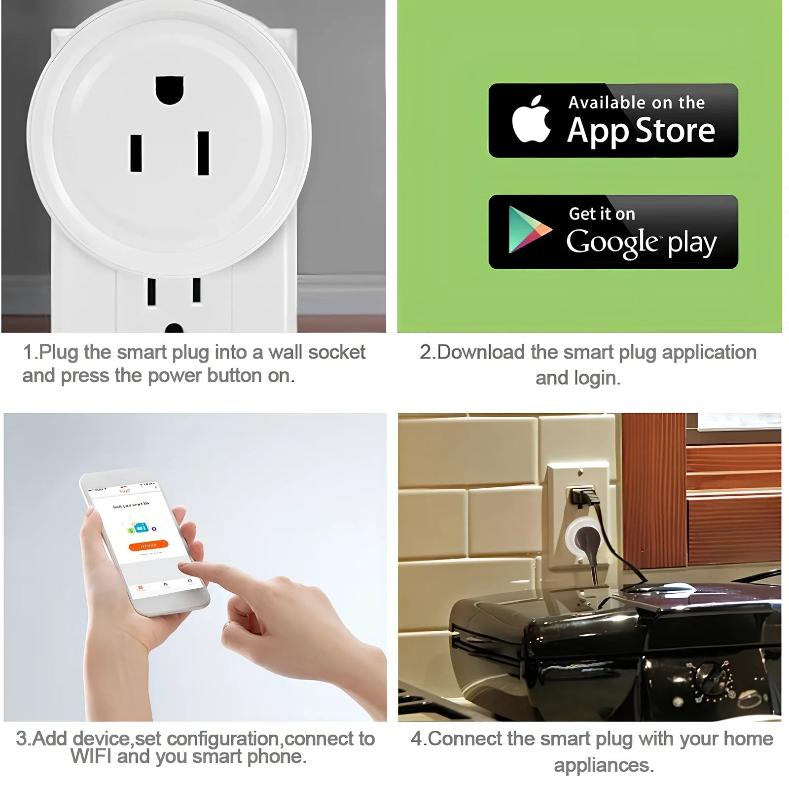 UK three-pin WIFI smart plug adapter with four outlets and USB ports for remote control via app or Alexa