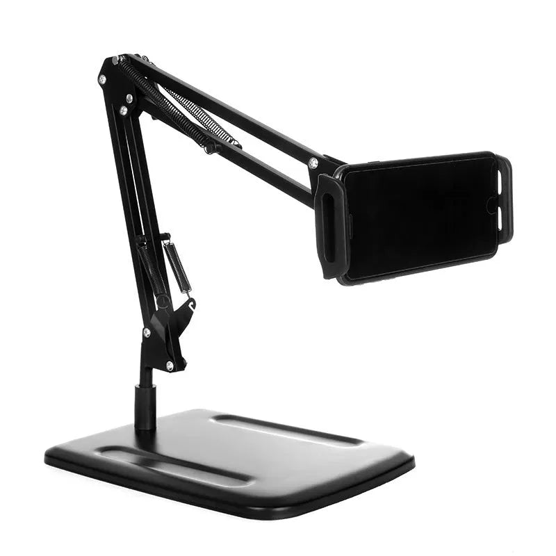 Black adjustable phone stand with 23cm long arm and weighted base for desktop use