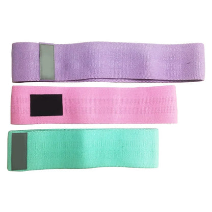 Latex mesh squat resistance band in lake blue, pink, and purple for hip and leg strengthening