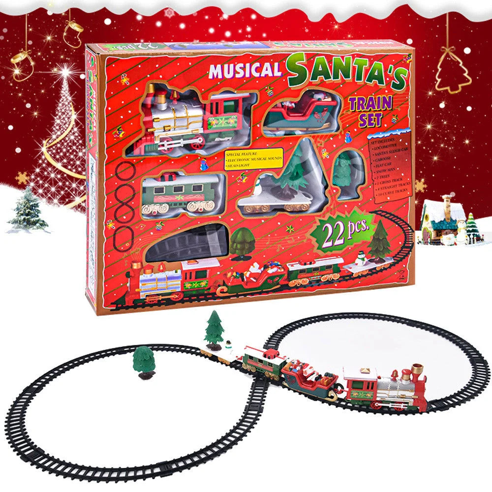 Christmas toy train set with lights and sounds on railway tracks