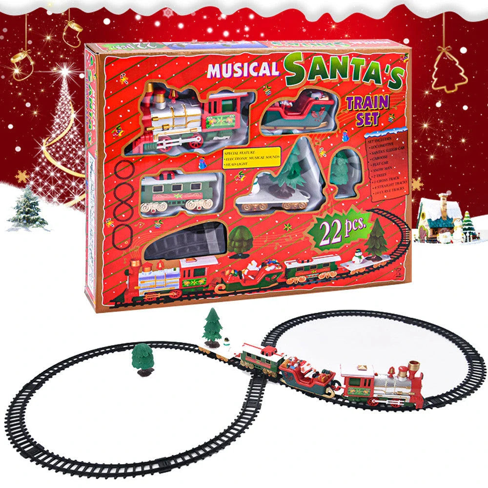 Christmas toy train set with lights and sounds on railway tracks