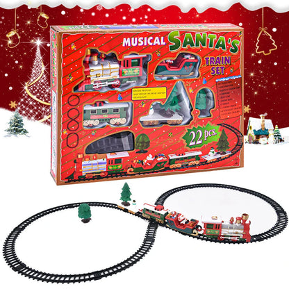 Christmas toy train set with lights and sounds on railway tracks