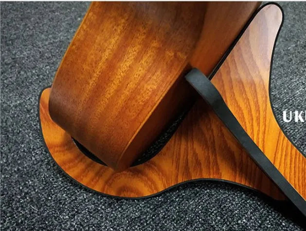 Brown wood folding ukulele stand with EVA padding, suitable for 21 23 26 inch ukuleles