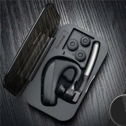 Black wireless Bluetooth headset with true wireless stereo technology and noise cancellation features