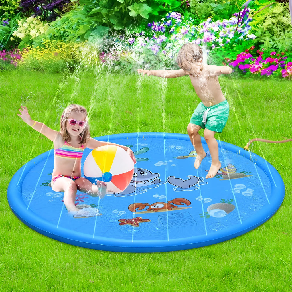 Blue PVC children's water spray play mat with marine animal graphics measuring 100cm by 170cm