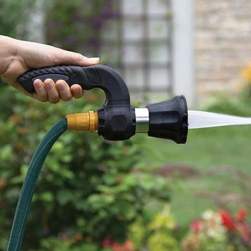 Black sprinkler gun car washer cleaning tool with five spray settings and rubber grip on a white background