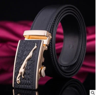Men's automatic buckle leather belt with gold buckle head, 3.55cm width