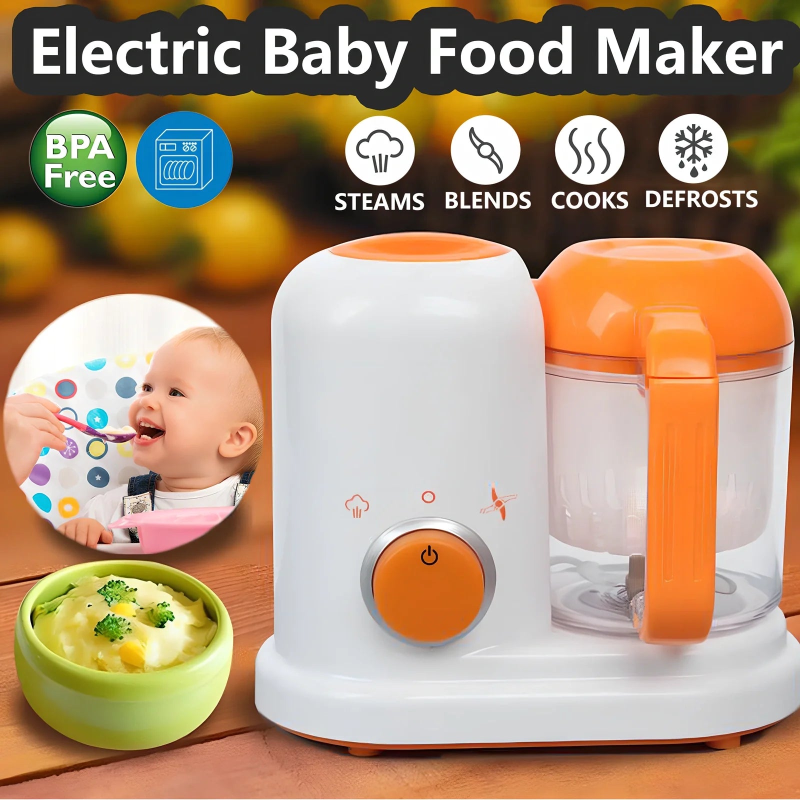 Smart baby food processor with steam cooking function and 190ml capacity in light green colour