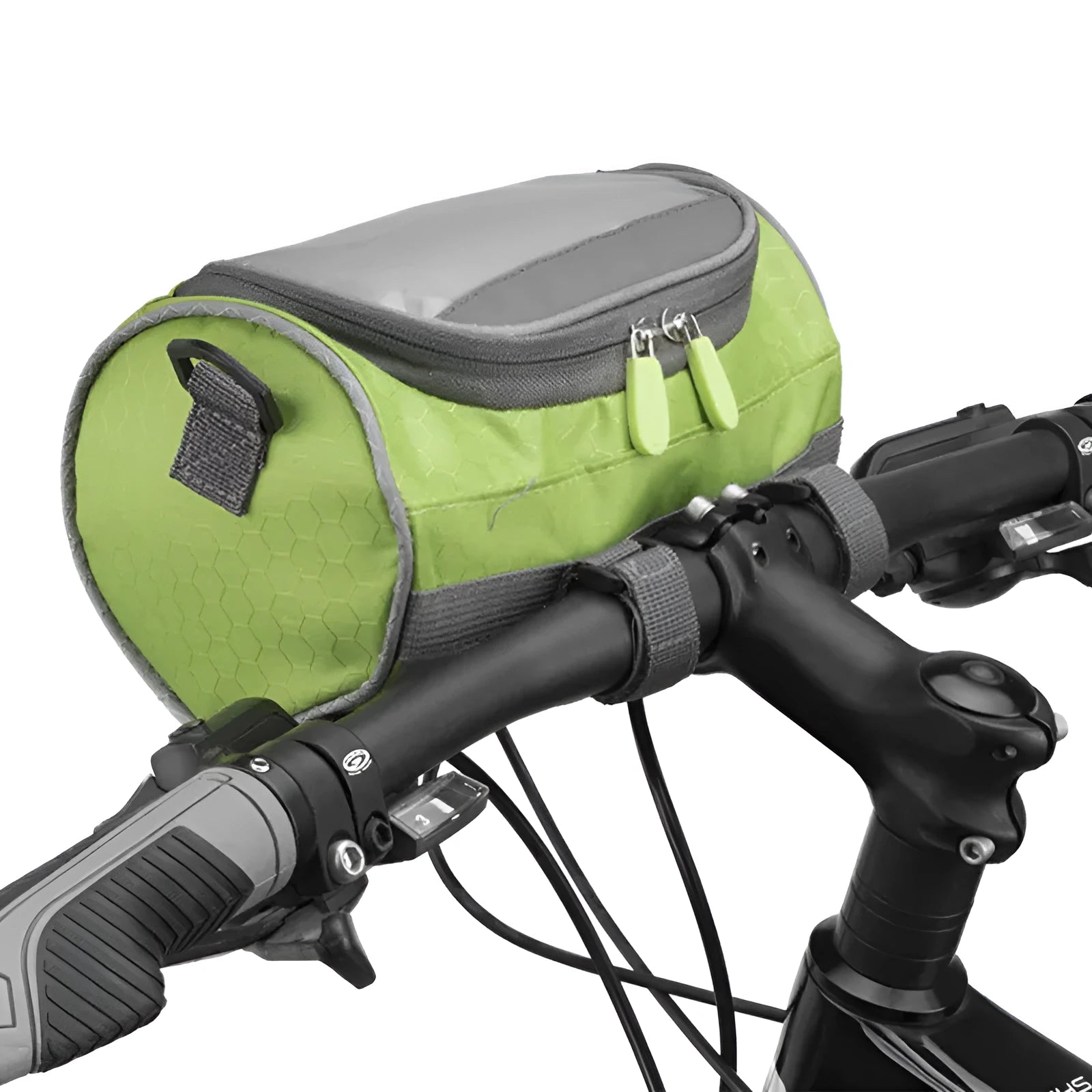 Rainproof polyester bicycle handlebar bag in black with phone touch screen window and 1.5L capacity