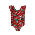 Printed sleeve one-piece polyester swimsuit for baby girls, red or yellow, sizes 80-120cm