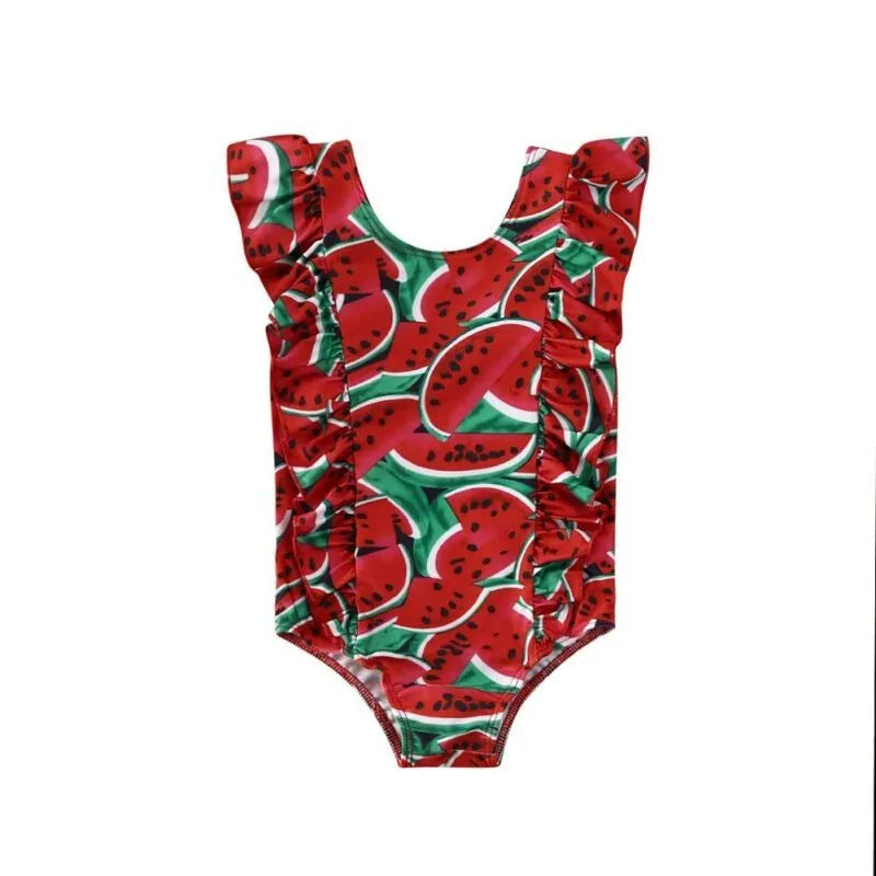 Printed sleeve one-piece polyester swimsuit for baby girls, red or yellow, sizes 80-120cm