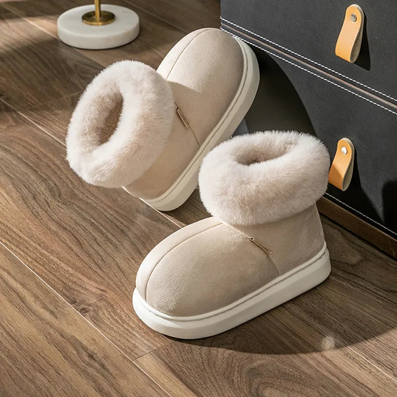 Beige women's winter ankle boots with plush upper, thick EVA sole, and round toe